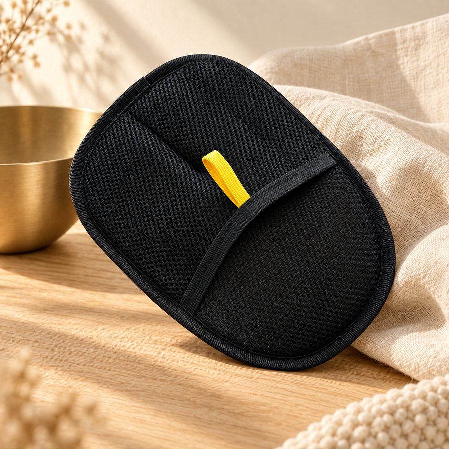 Black pet hair mitt resting on a wooden floor next to a cream throw blanket and a gold bowl