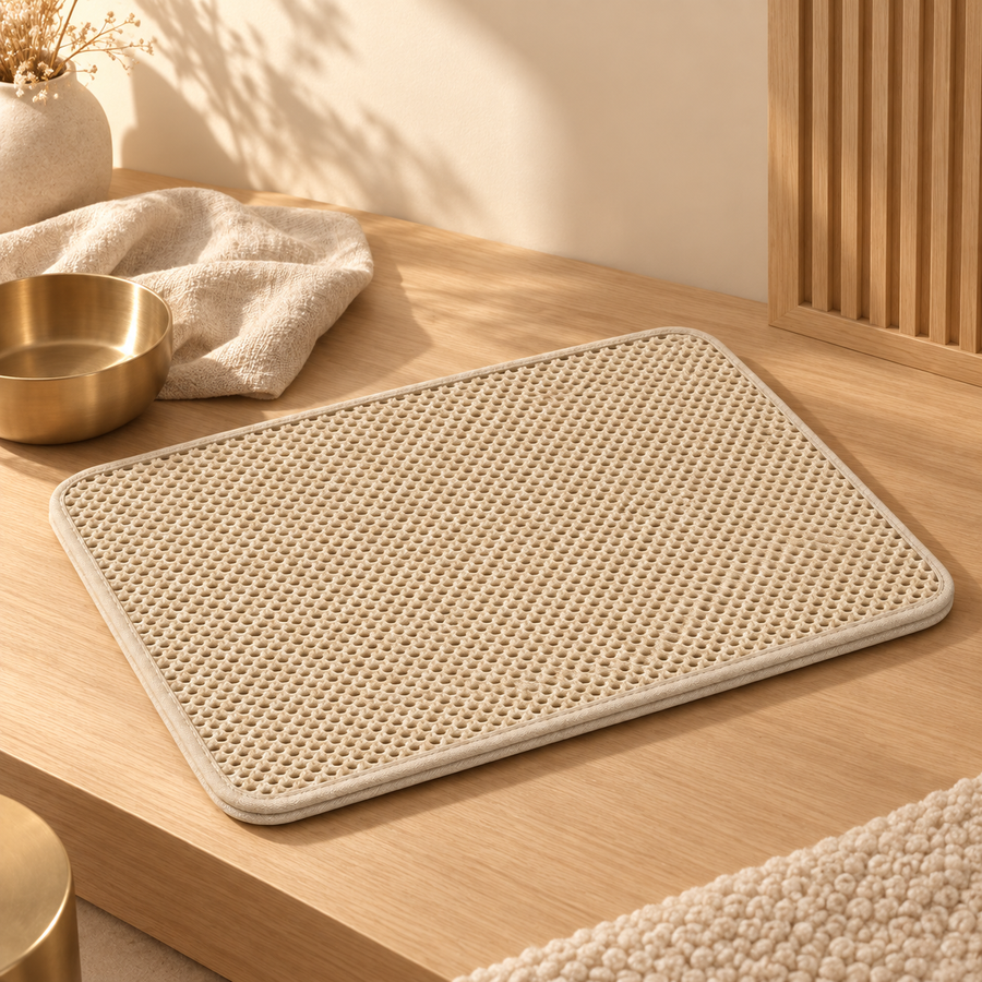 Beige honeycomb litter mat on a light wood bench beside a brass bowl and a linen towel
