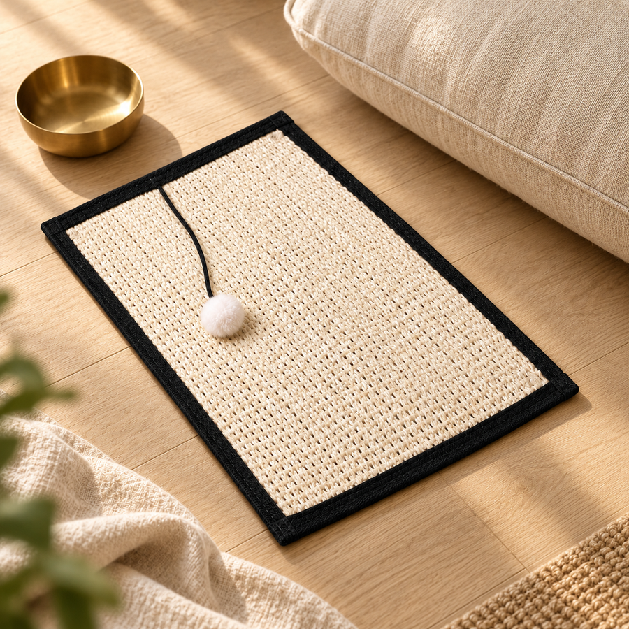 Sisal scratch pad with black trim on a light oak floor beside a linen floor cushion and a brass bowl