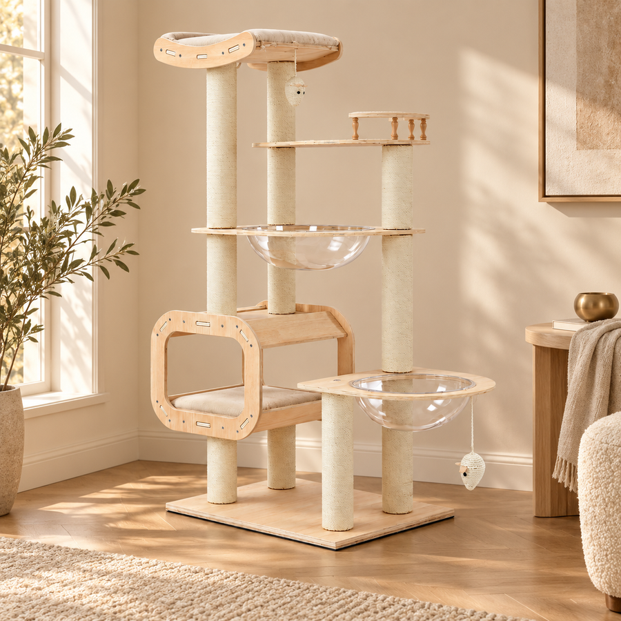 Tall natural wood cat tree with sisal posts and a railed top lookout standing in a sunny living room