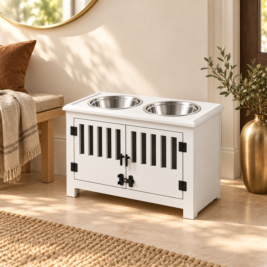 White raised dog feeding cabinet with two steel bowls beside a wall mirror and a gold vase