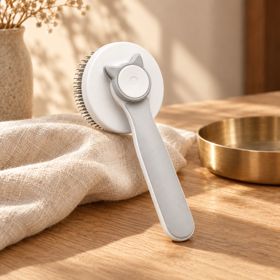 Gray and white cat slicker brush standing on a wooden table next to a knit blanket and a brass bowl