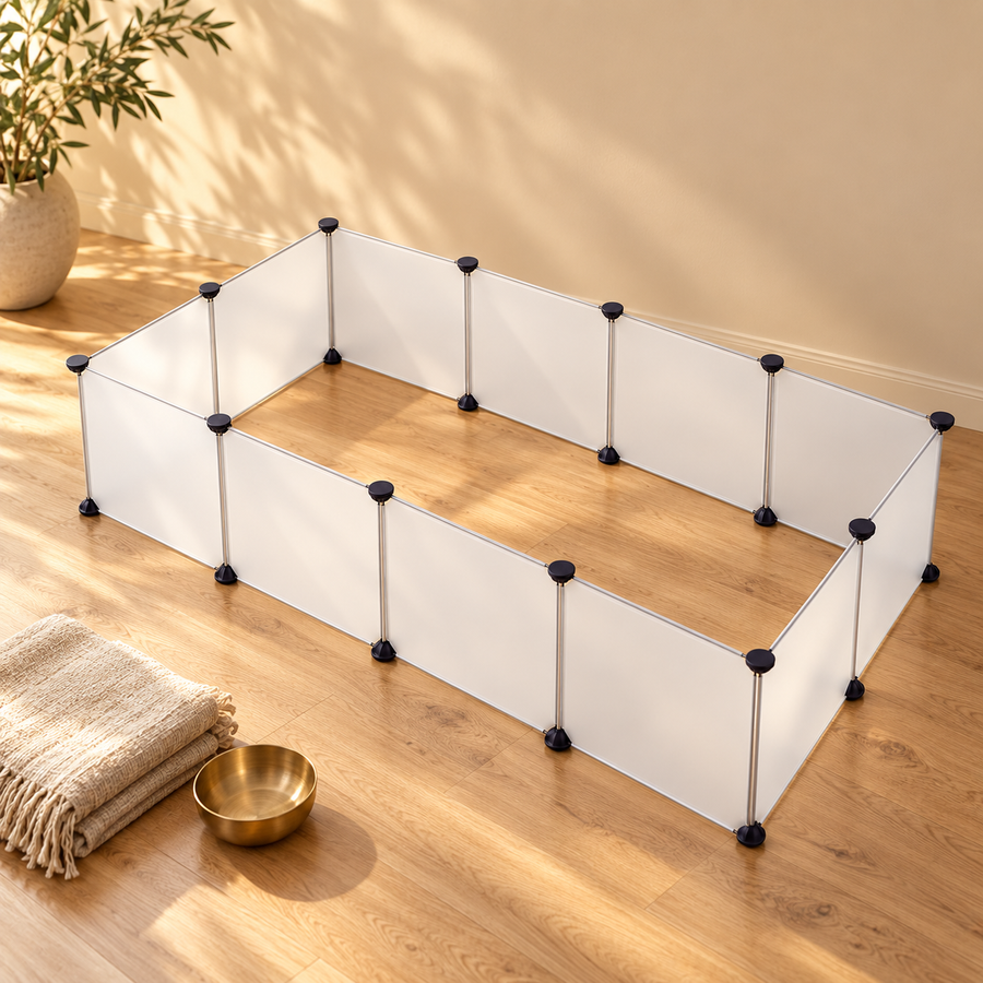 Rectangular white panel pet playpen set up on a wood floor beside a folded towel and a brass bowl