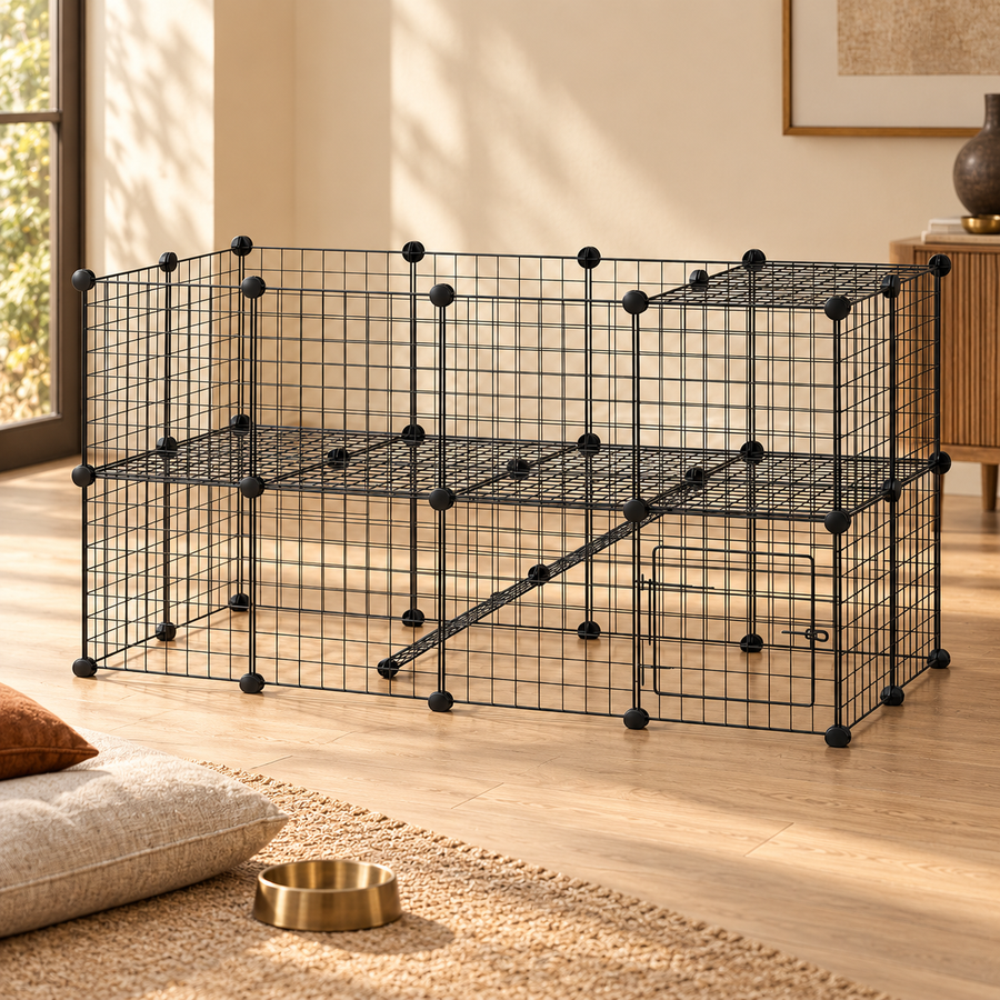 Empty black wire grid playpen with an upper level on an oak floor beside a floor cushion and brass bowl