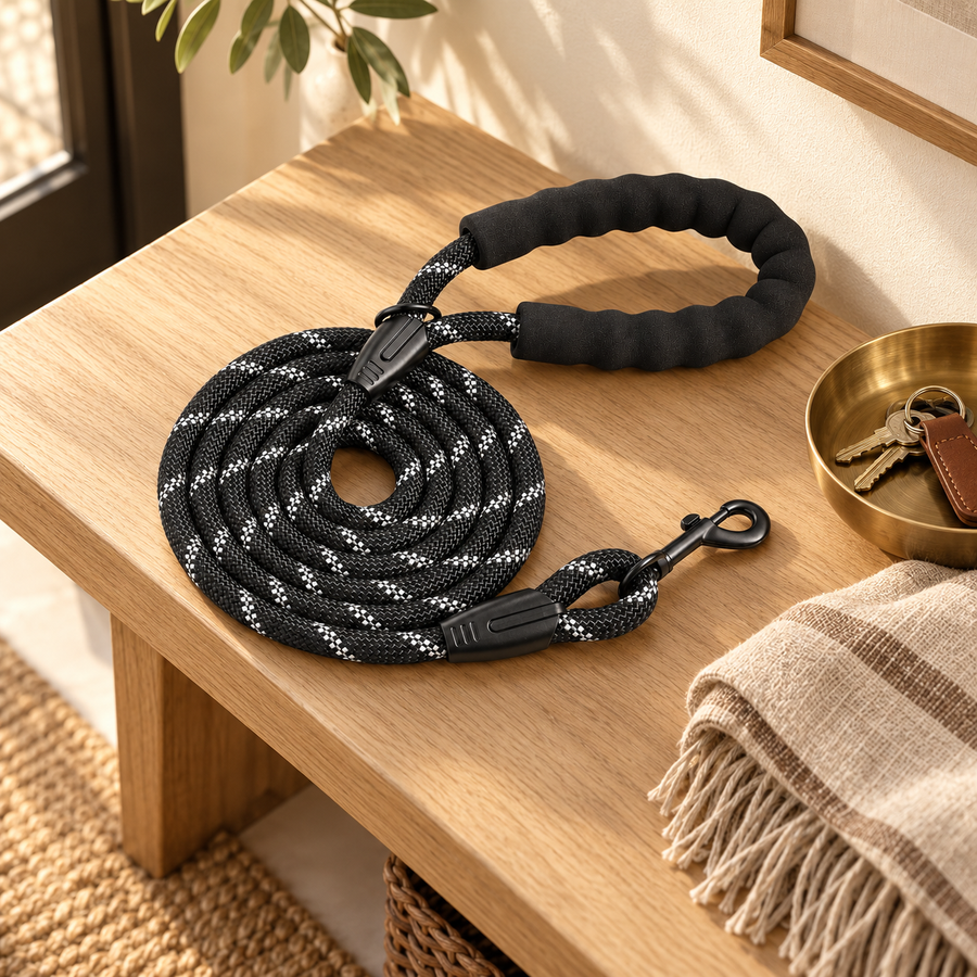 Coiled black reflective rope leash with foam handle on a wooden entry bench beside a key tray and blanket