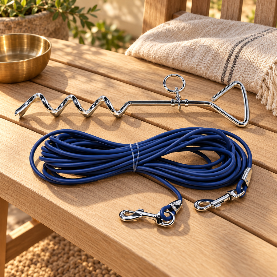 Coiled navy tie-out leash and silver spiral ground stake on a light oak bench with a linen throw