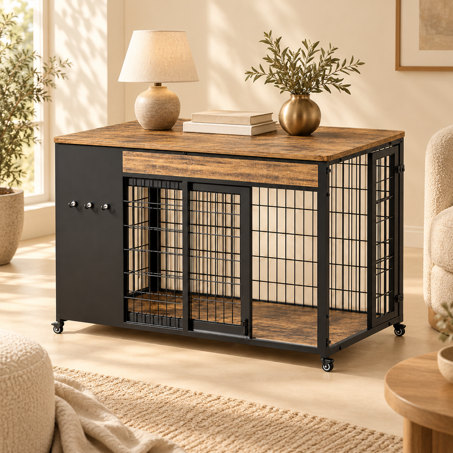 Rustic brown dog crate end table with lamp, books and a plant styled on top in a cozy room