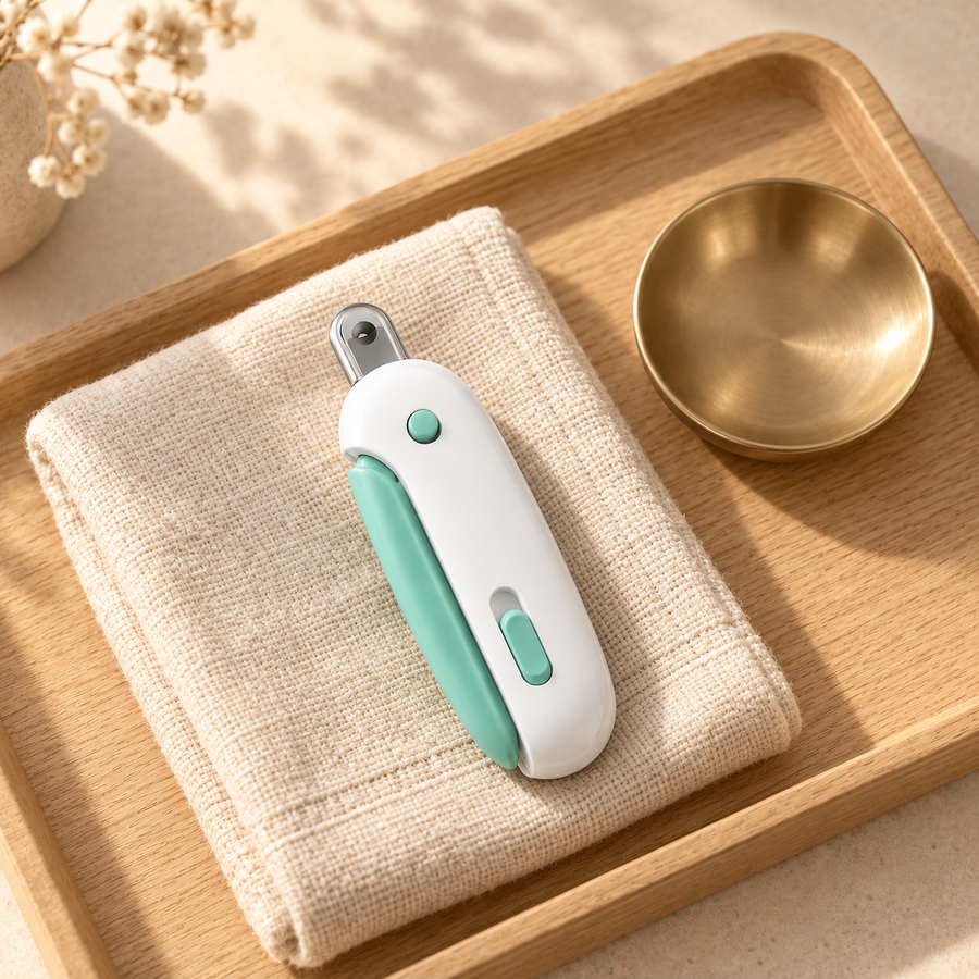White and mint cat nail clipper on a folded linen towel on an oak tray beside a small brass dish