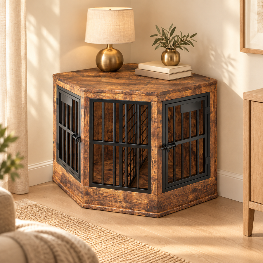 Rustic brown corner dog crate end table with a lamp, books and a plant, fitted between two walls
