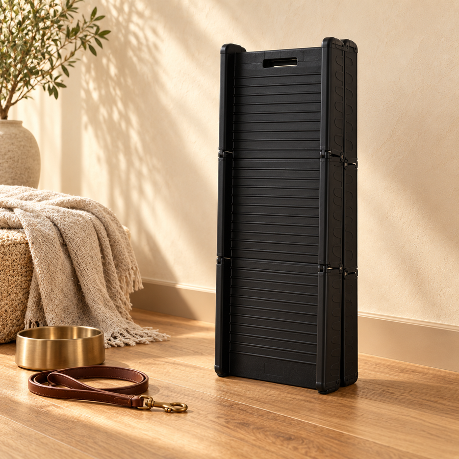 Folded black tri-fold dog ramp standing upright against a wall beside a brass bowl and a leather leash