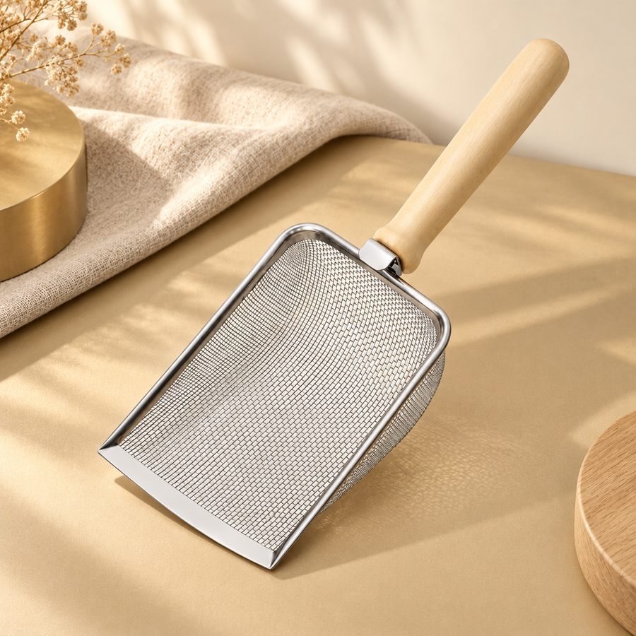 Rectangular fine mesh cat litter scoop with a light wood handle on a champagne table beside folded linen