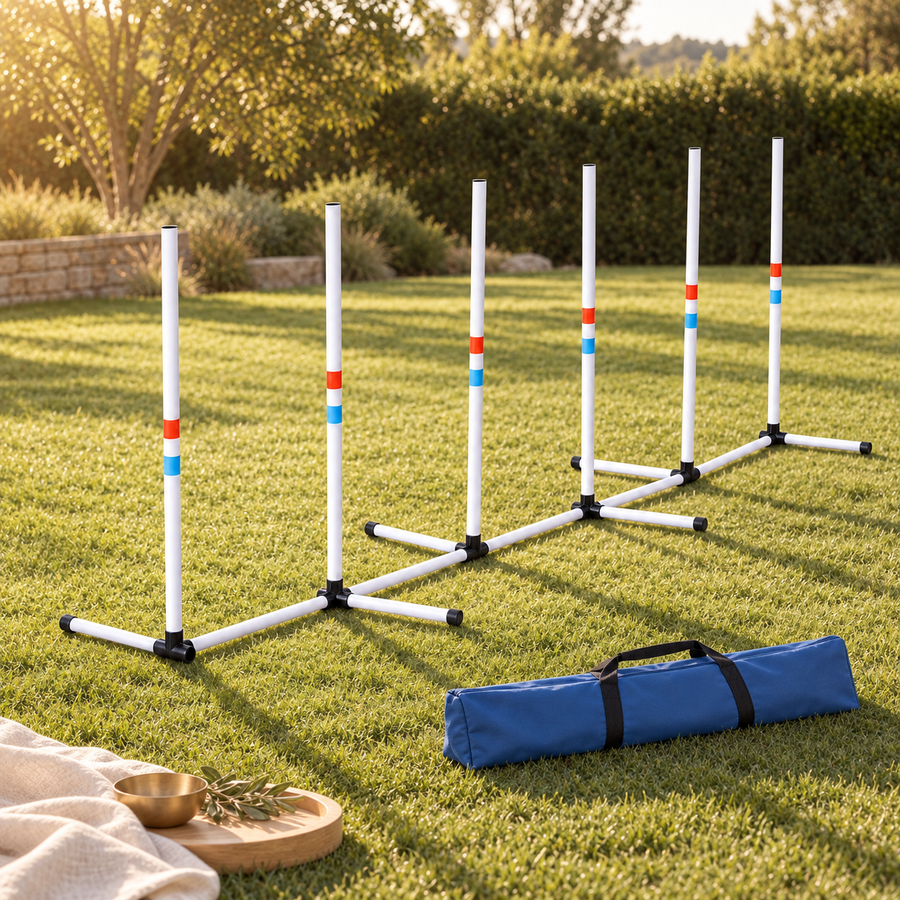 Six white weave poles with a linked base on a lawn, with the included blue carry bag and black handles beside them.
