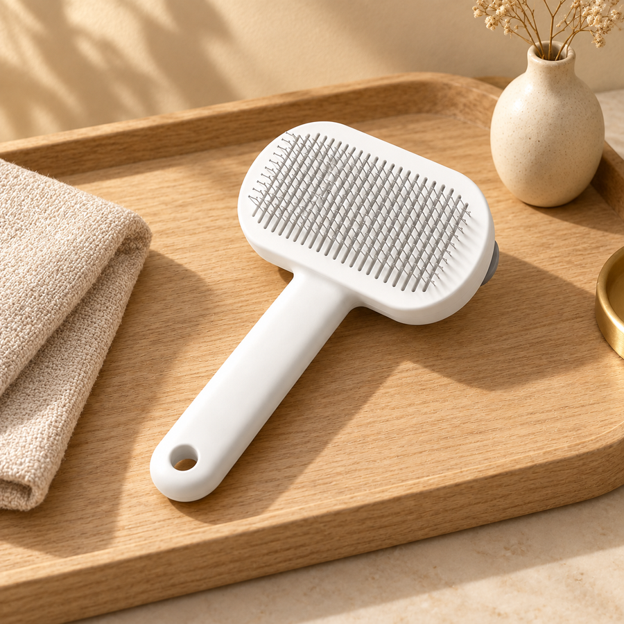 White slicker brush with a hanging-hole handle lying on a wooden tray beside a folded towel and a small vase