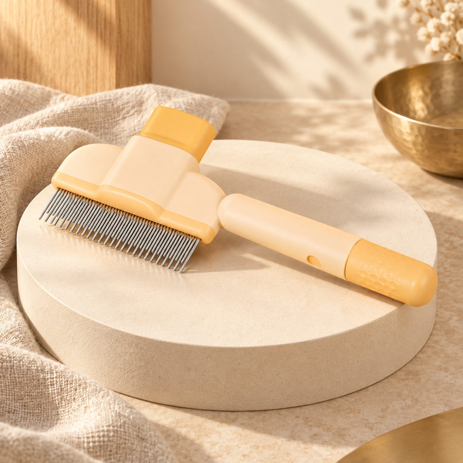 One pale apricot pet comb with yellow-orange accents resting on a round cream display beside folded fabric.