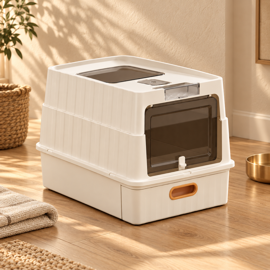 Cream enclosed litter box with a top opening and front flap on a wood floor near a gold bowl