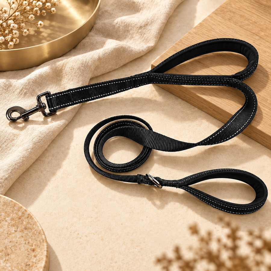 Black padded-handle dog leash coiled on a cream throw blanket beside a wooden shelf