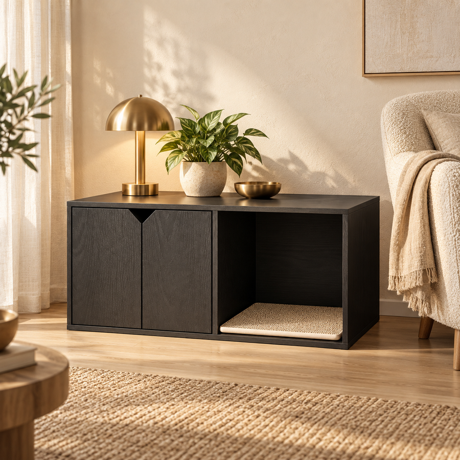 Black cat litter box enclosure with a gold lamp and plant on top, beside a cream armchair