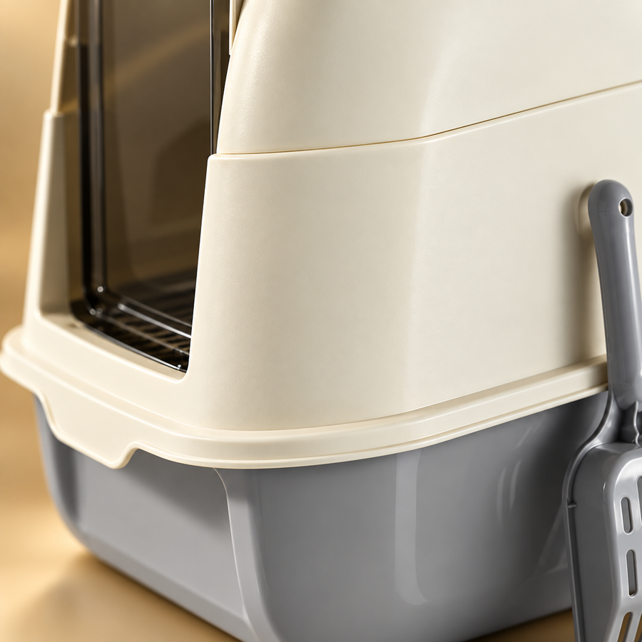 Close-up of the cream hood, flap door opening and gray base of an enclosed cat litter box