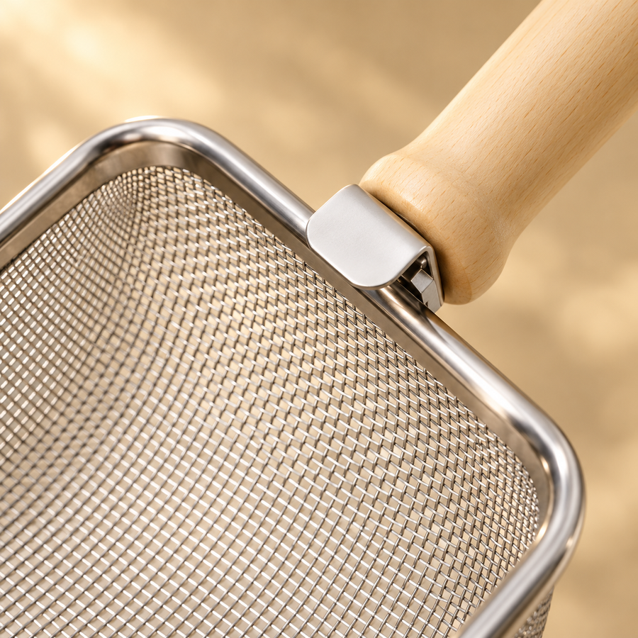 Close detail of woven stainless steel mesh, raised metal rim and the joint connecting the light wood handle