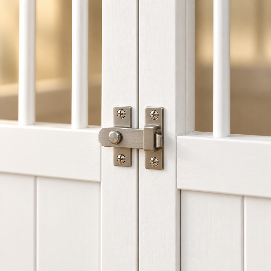 Close-up of the brushed metal latch and white slats on the double doors of a dog crate end table