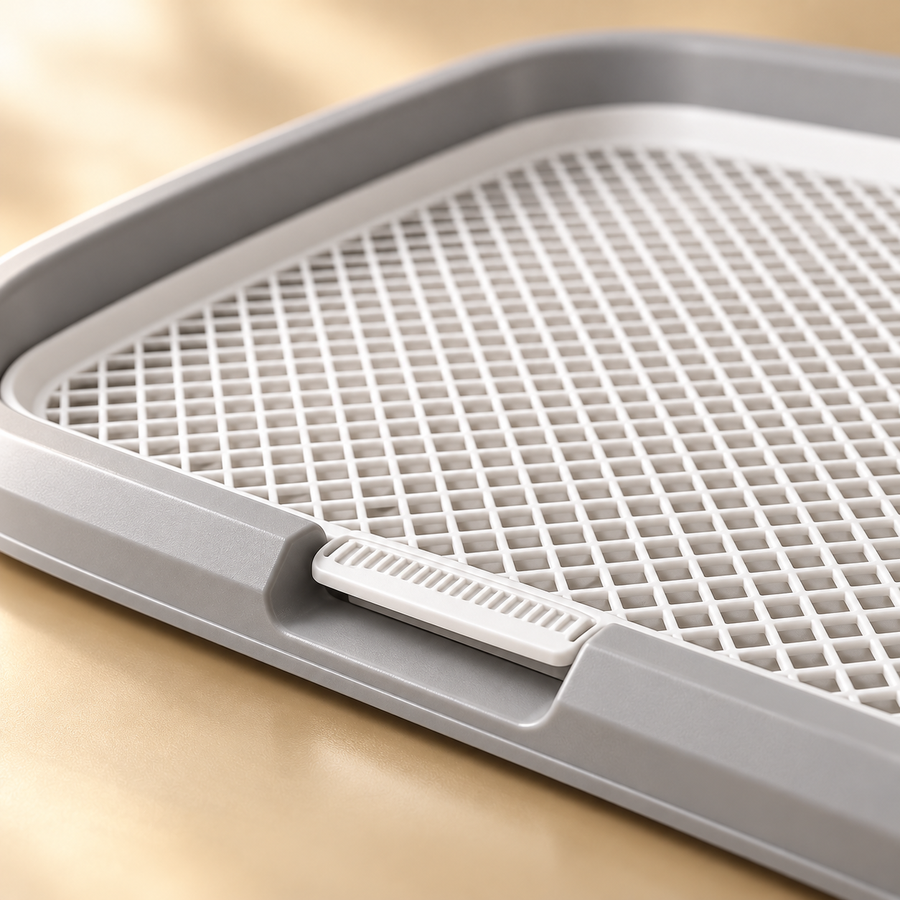 Close view of the white front clip and fine grid fitted into the raised gray rim of a dog potty tray