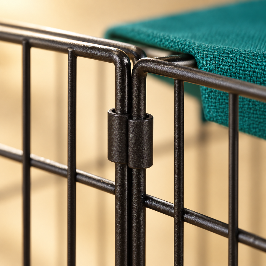 Close-up of a black clip joining two wire panels of an outdoor playpen beneath the edge of its green fabric cover