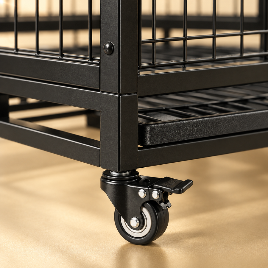 Close-up of a locking caster wheel and steel frame corner on a black dog crate