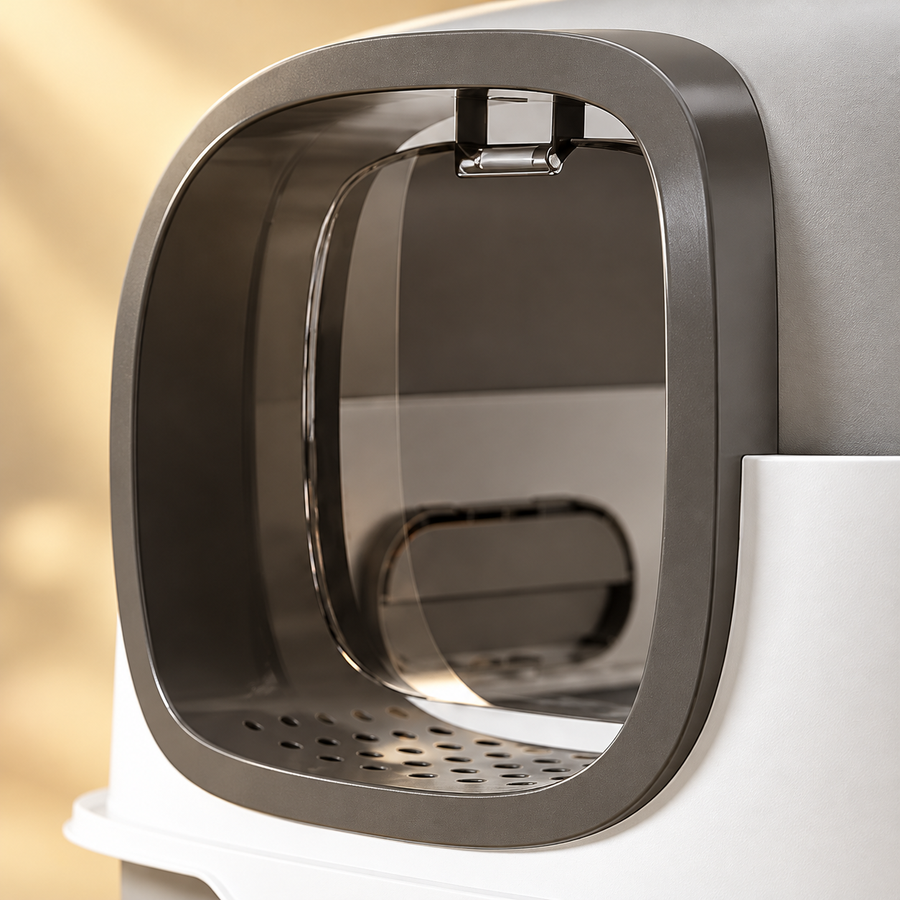 Close view of the smoky front flap, dark gray frame and perforated entry ledge on an oval cat litter box.