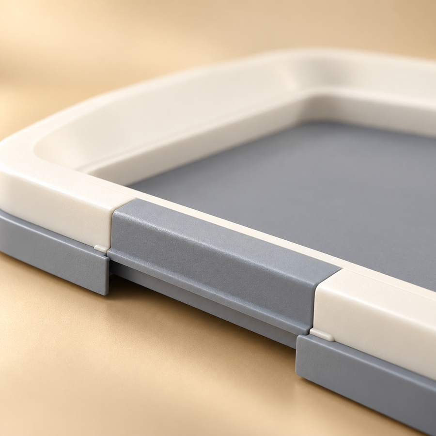 Close view of the low gray front opening and adjoining white retaining frame of the molded dog pad holder.