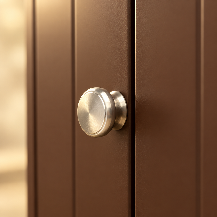 Close-up of a brushed metal knob on a brown paneled cabinet door of a dog feeding station
