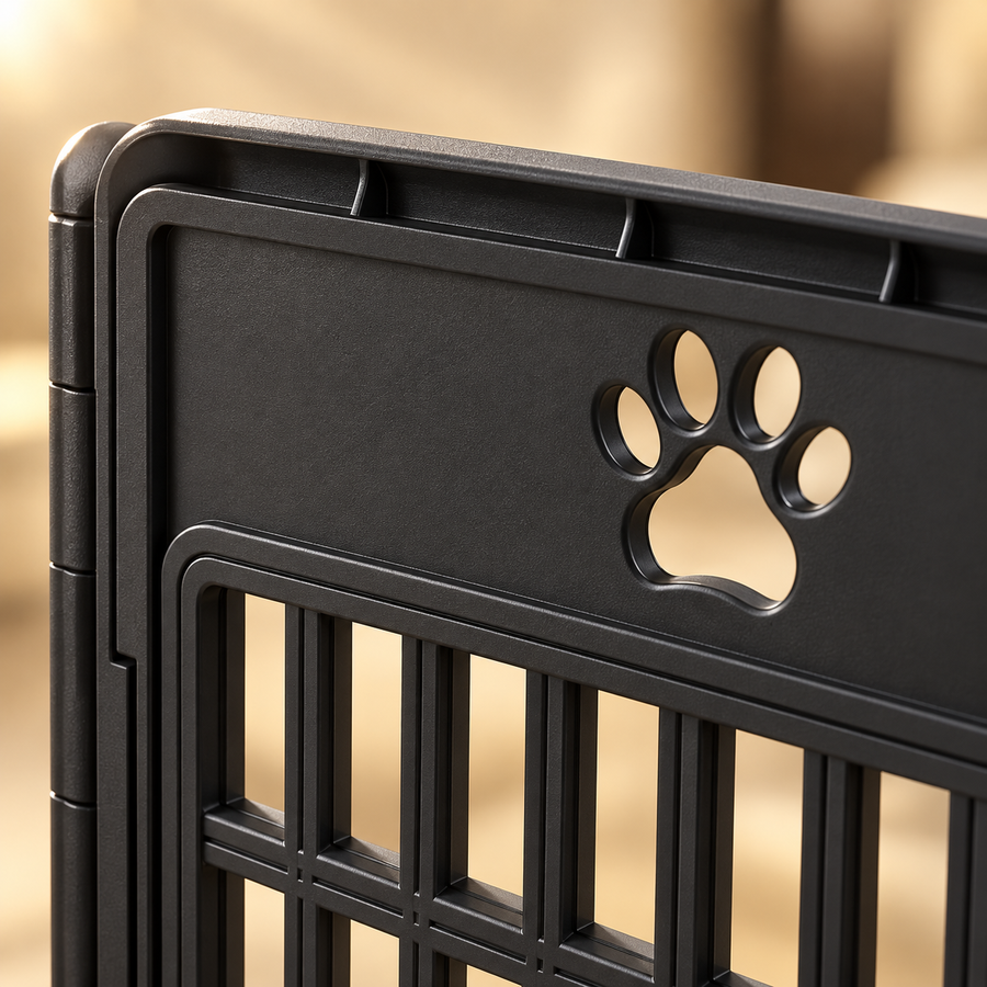 Close view of a paw-shaped cutout and rounded molded edge on a black slatted plastic pen panel