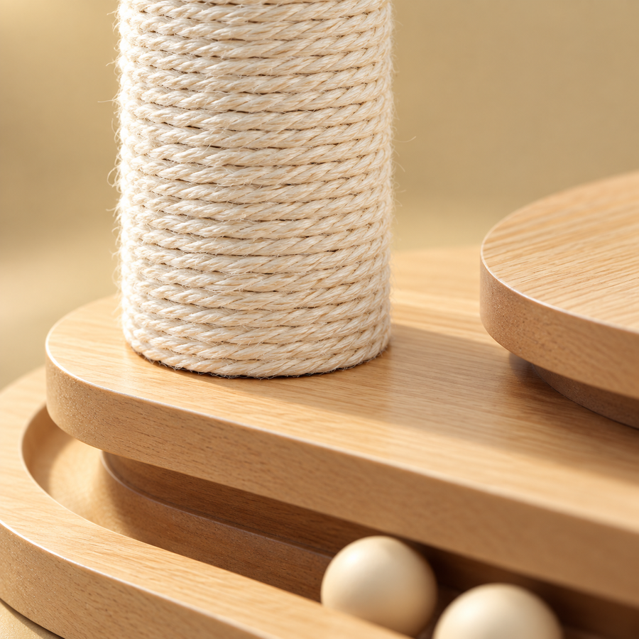 Close-up of rope-wrapped sisal and the curved wooden tiers of a cat scratching post with ball track