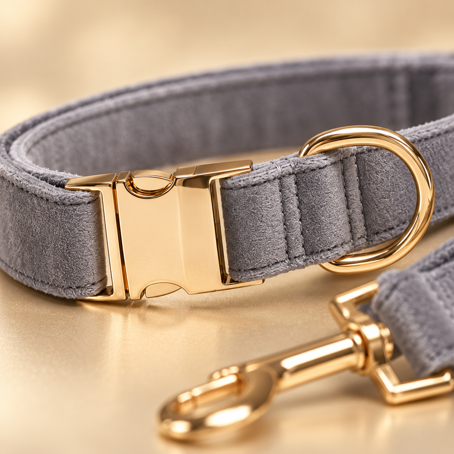 Close view of the blank gold-tone buckle, D-ring and gray velvet fabric of an adjustable dog collar