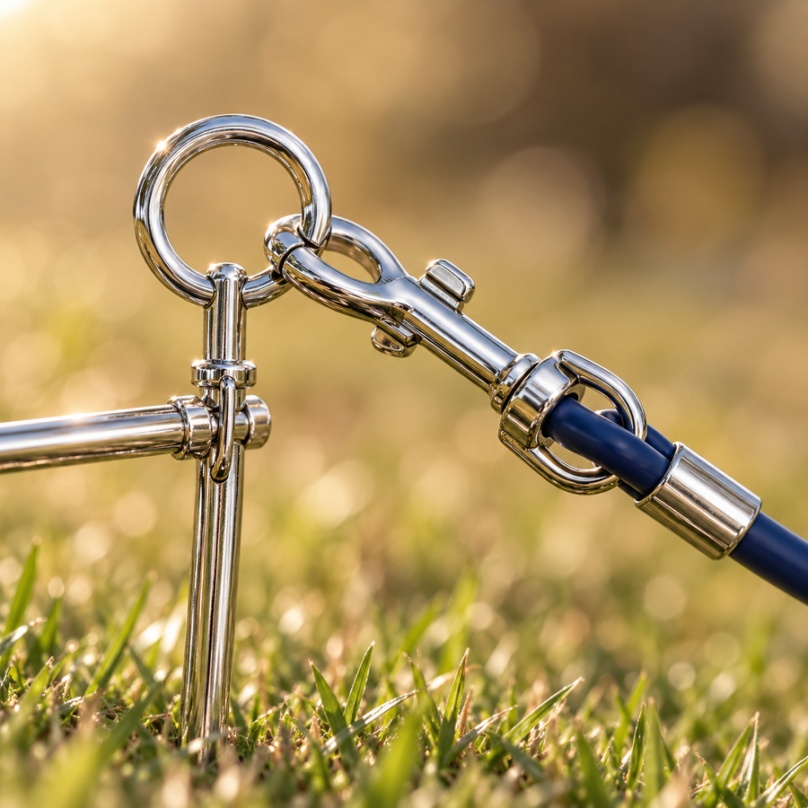Close-up of a leash snap hook clipped to the swivel ring on top of a silver spiral ground stake