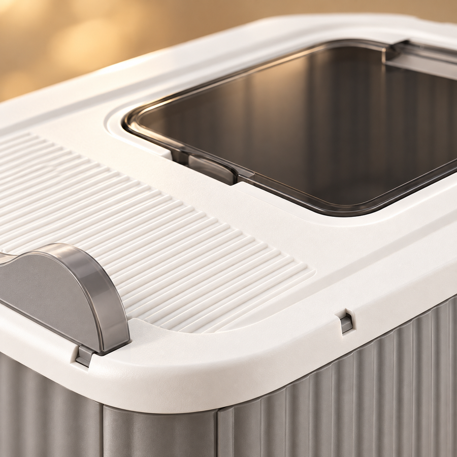 Close-up of the white top panel, clear window and handle of a covered gray cat litter box