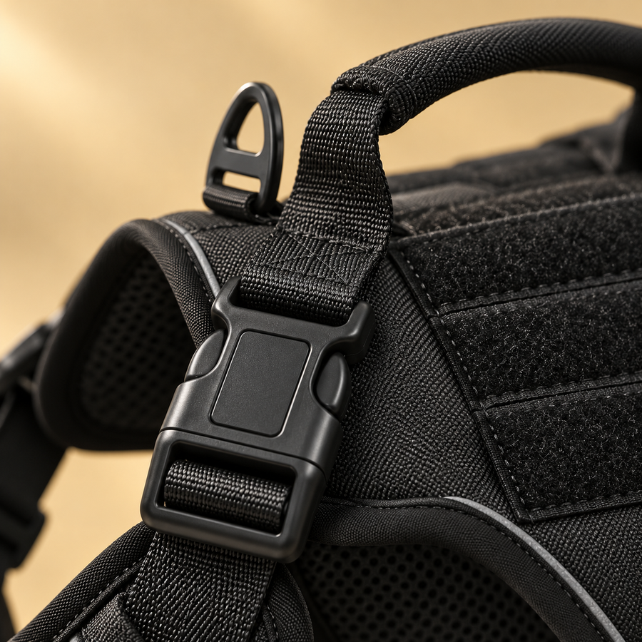 Close-up of a side-release buckle, padded top handle and hook-and-loop panel on a black harness