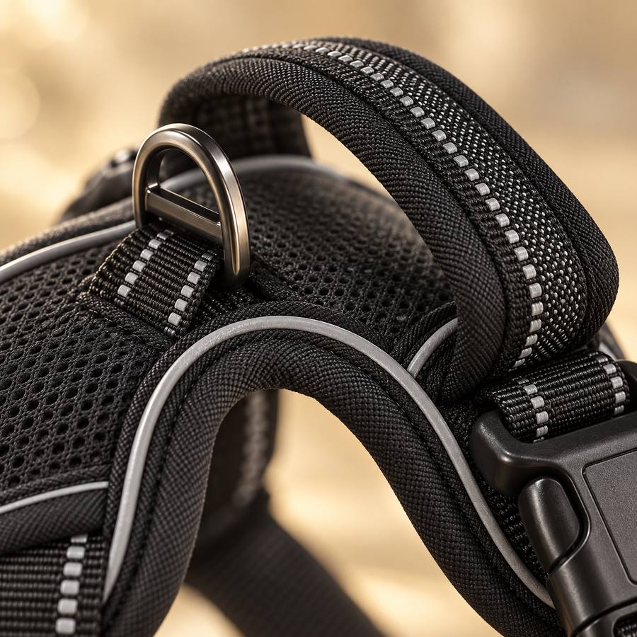 Close-up of the padded handle, metal leash ring and reflective stitching on a black dog harness