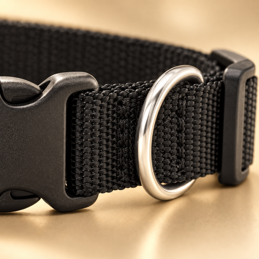 Close-up of a black nylon dog collar showing the plastic buckle, woven webbing and silver D-ring