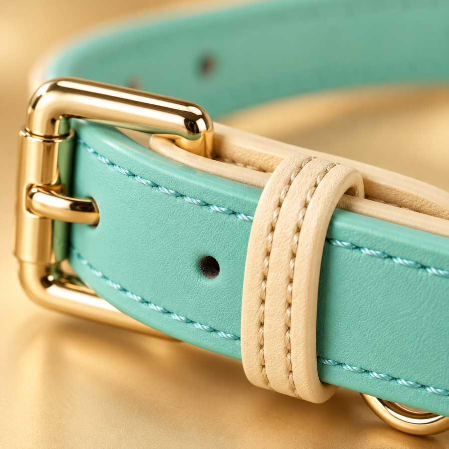 Close-up of the gold buckle, stitching and cream keepers on a mint leather dog collar