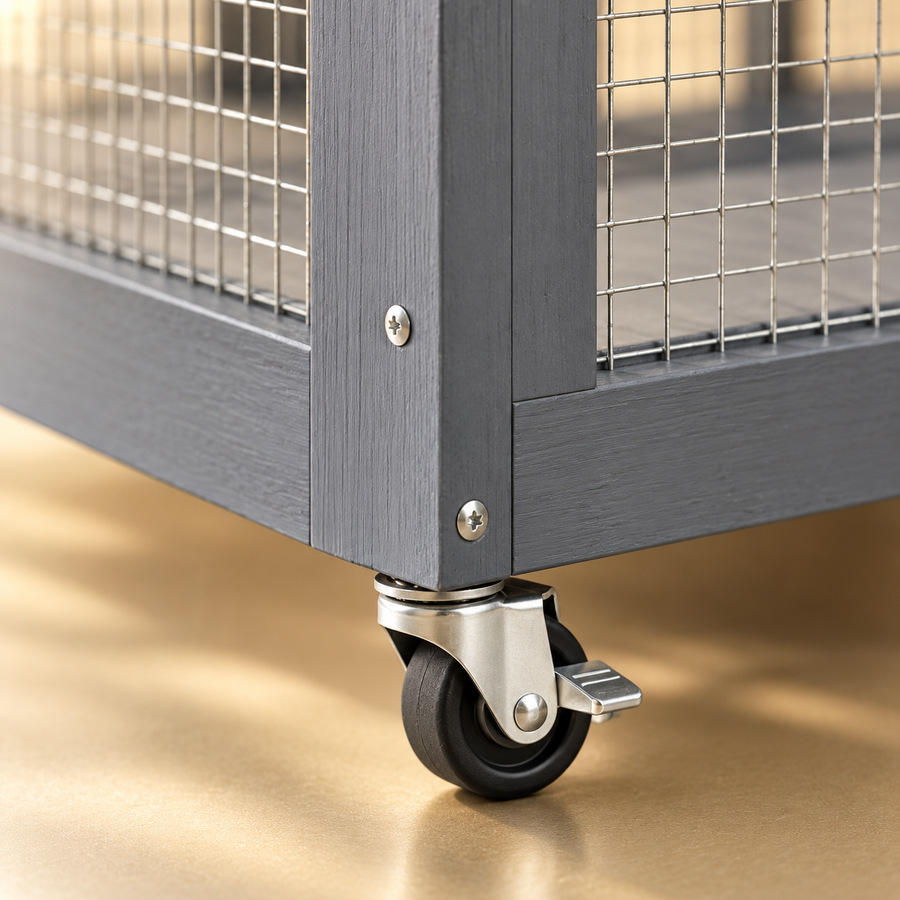 Close-up of a locking caster wheel, bolt and wire mesh corner on a gray wooden catio