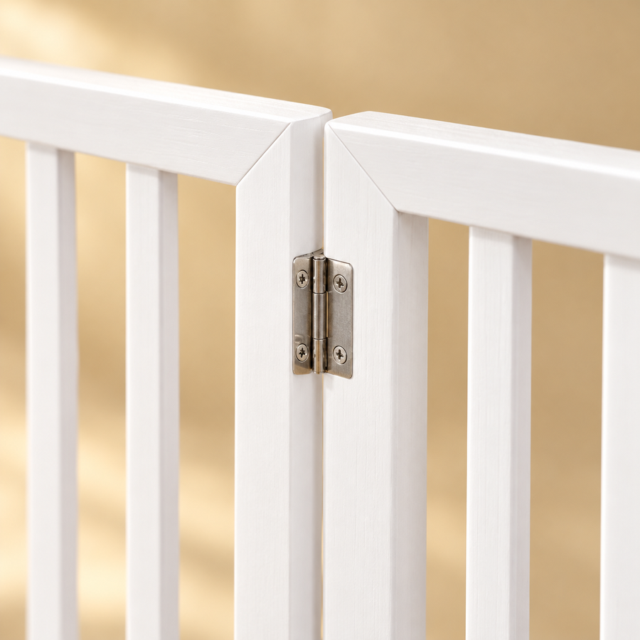 Close-up of the metal hinge joining two white slatted panels of a folding pet gate