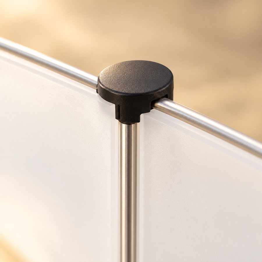 Close-up of a black corner connector and metal rod on a frosted white pet playpen panel