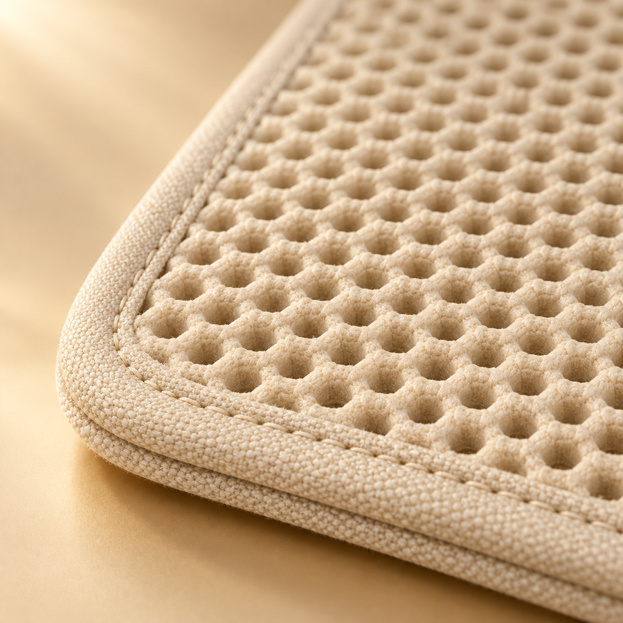Close-up of the honeycomb top and stitched fabric edge of a beige double-layer cat litter mat