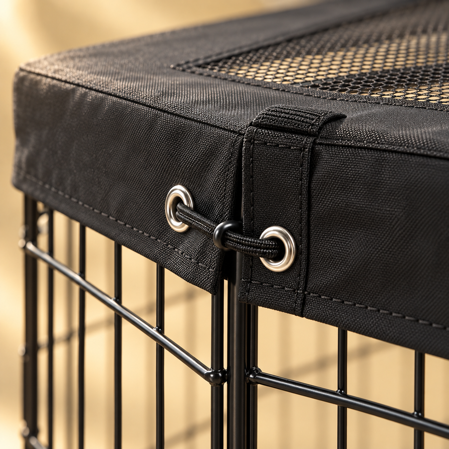 Close-up of the black fabric top cover with a mesh window, grommets and a cord on a metal dog playpen