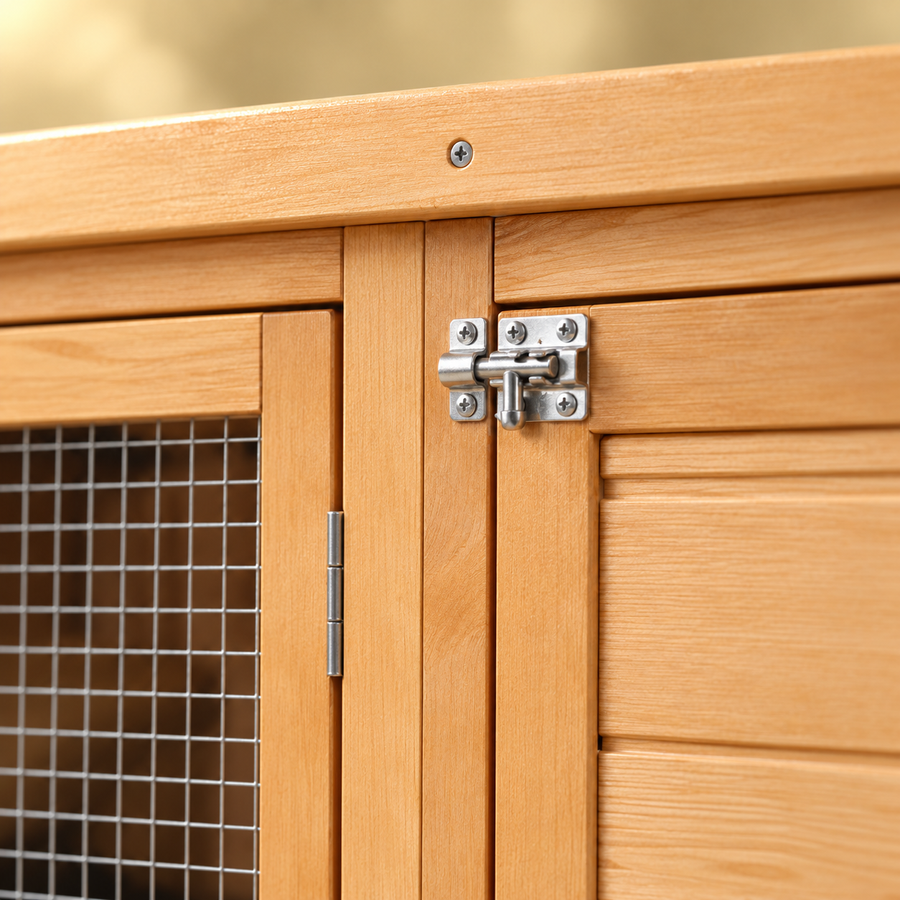 Close-up of a metal barrel latch between the wire-mesh door and plank door of a honey fir-wood rabbit hutch
