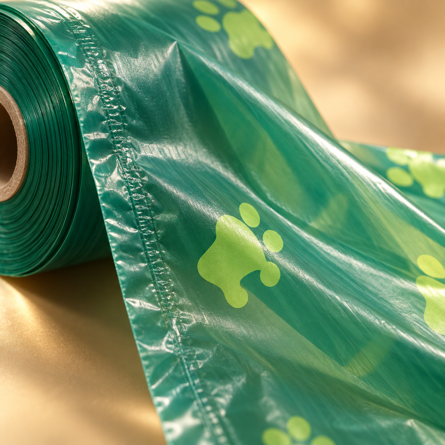 Close-up of green dog waste bag film with light green paw prints unrolling from a roll