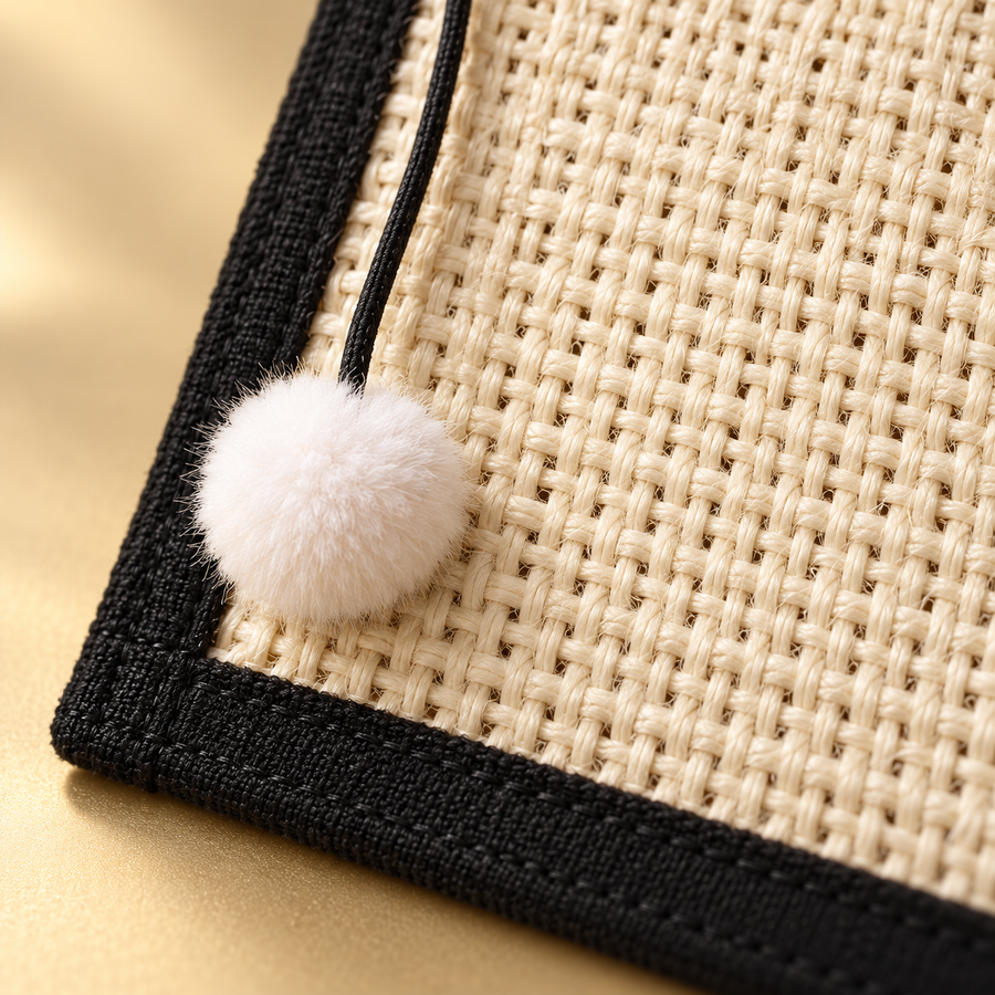 Close-up of woven natural sisal, the stitched black trim border and a small white pompom