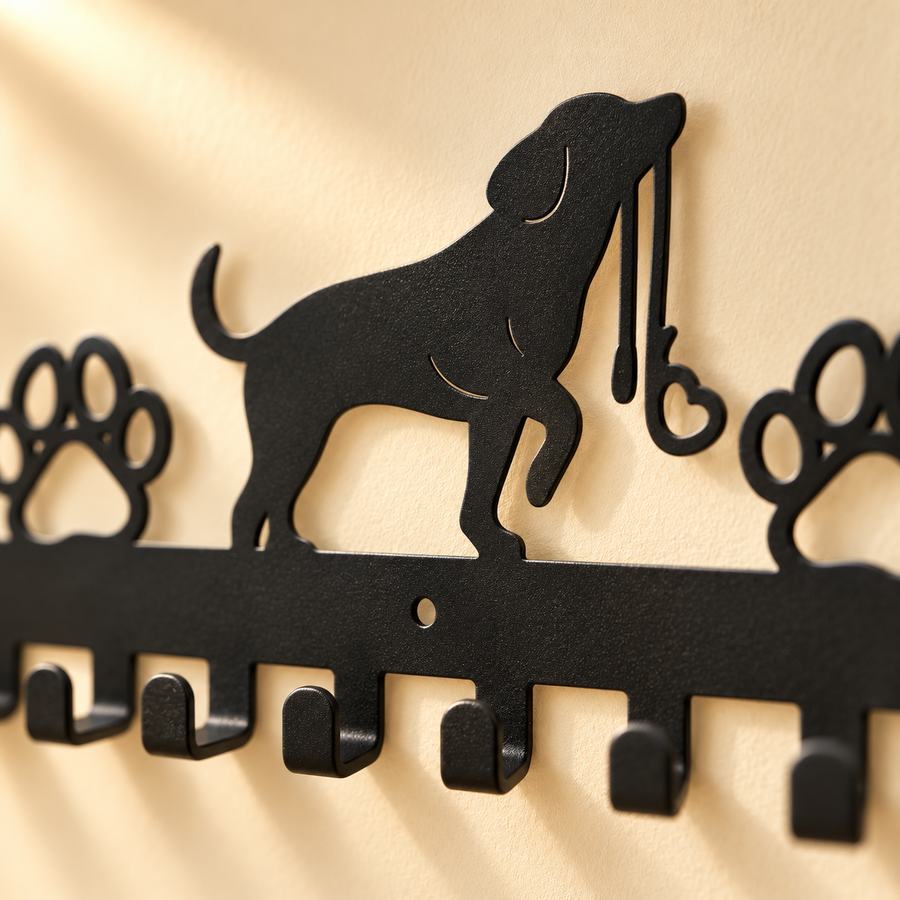 Close view of the black metal dog silhouette, leash-shaped cutout and curved hooks against a cream wall.