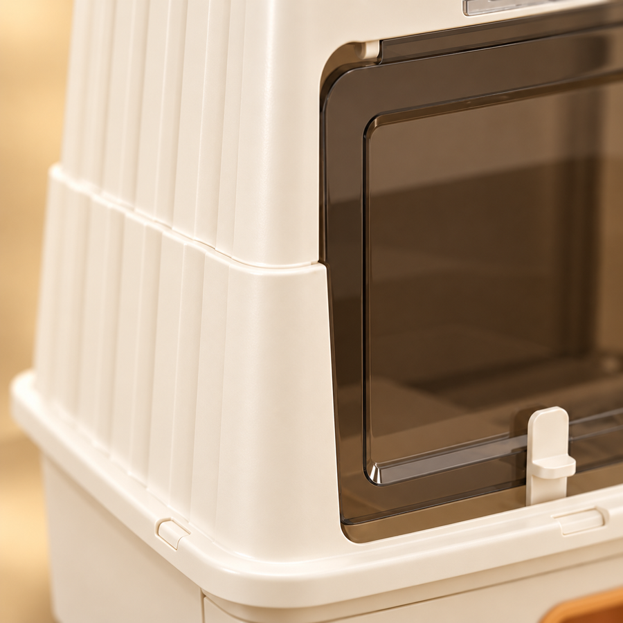 Close-up of the smoked front flap, latch and ribbed cream shell of an enclosed cat litter box