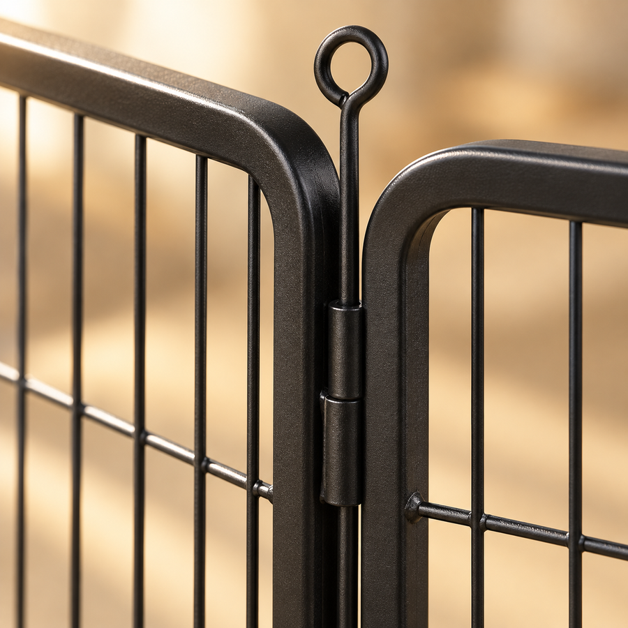 Close-up of a black metal playpen hinge and ring latch where two wire panels join